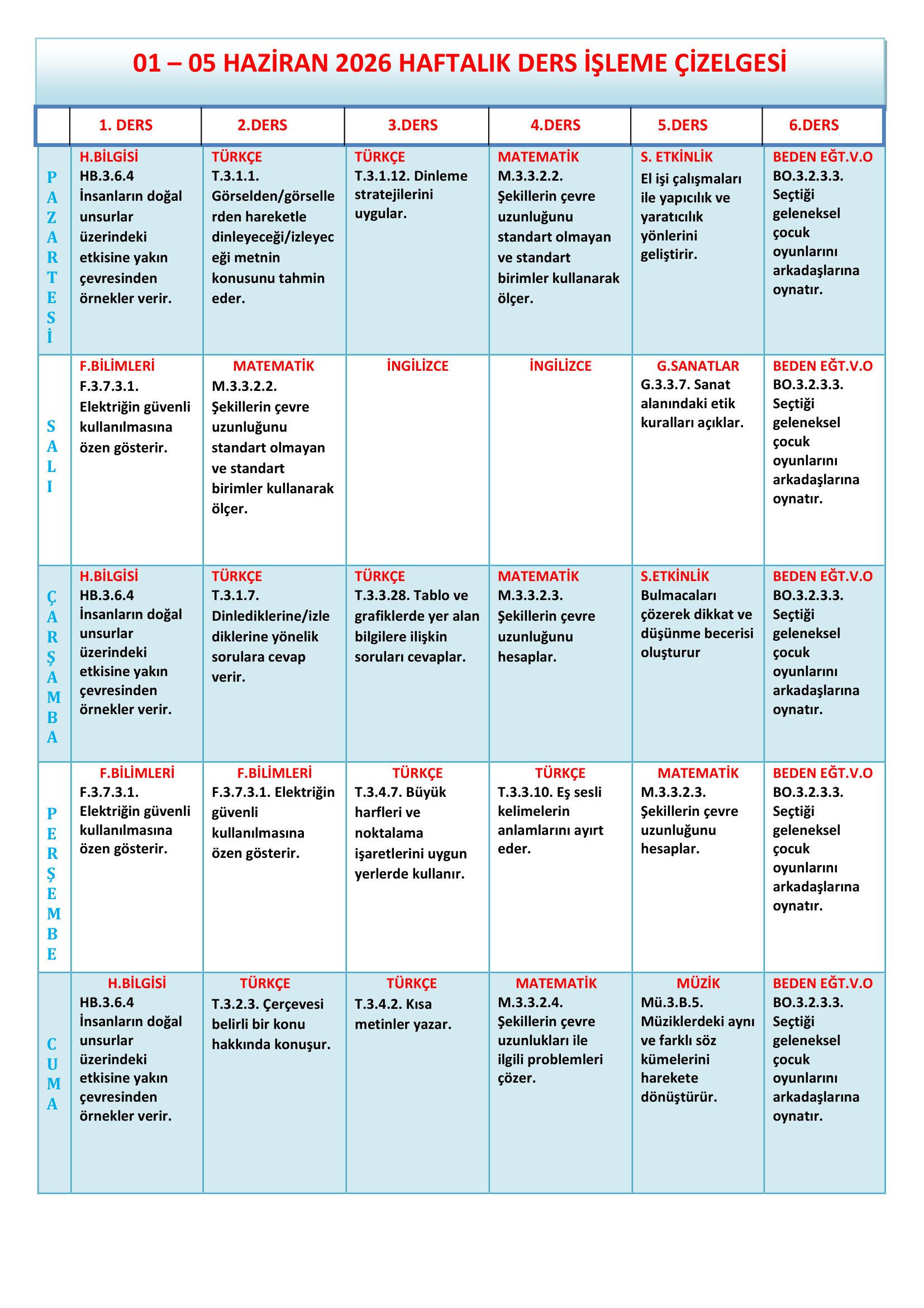 3. Sınıf 01 - 05 Haziran 2026 Haftalık Ders İşleme Çizelgesi.doc