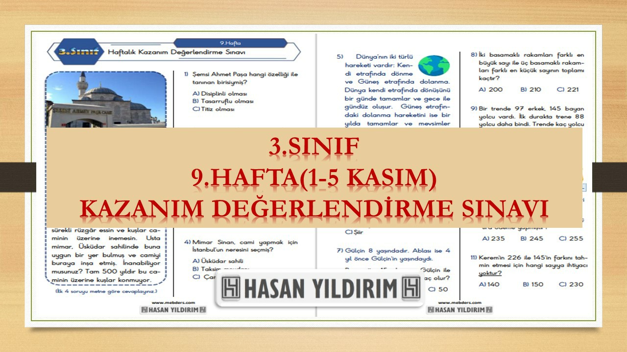 3. Sınıf Haftalık Değerlendirme Testi-9.Hafta(1-5 Kasım)