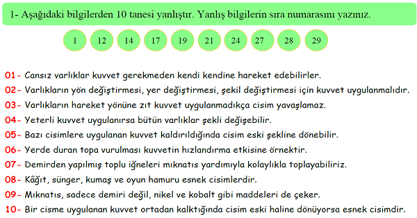 4. Sınıf Fen Bilimleri Kuvvetin Etkileri Doğru-Yanlış Etkinliği