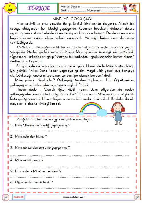 2. Sınıf Türkçe Okuma ve Anlama Metni Etkinliği 34 (Mine ve Gökkuşağı)