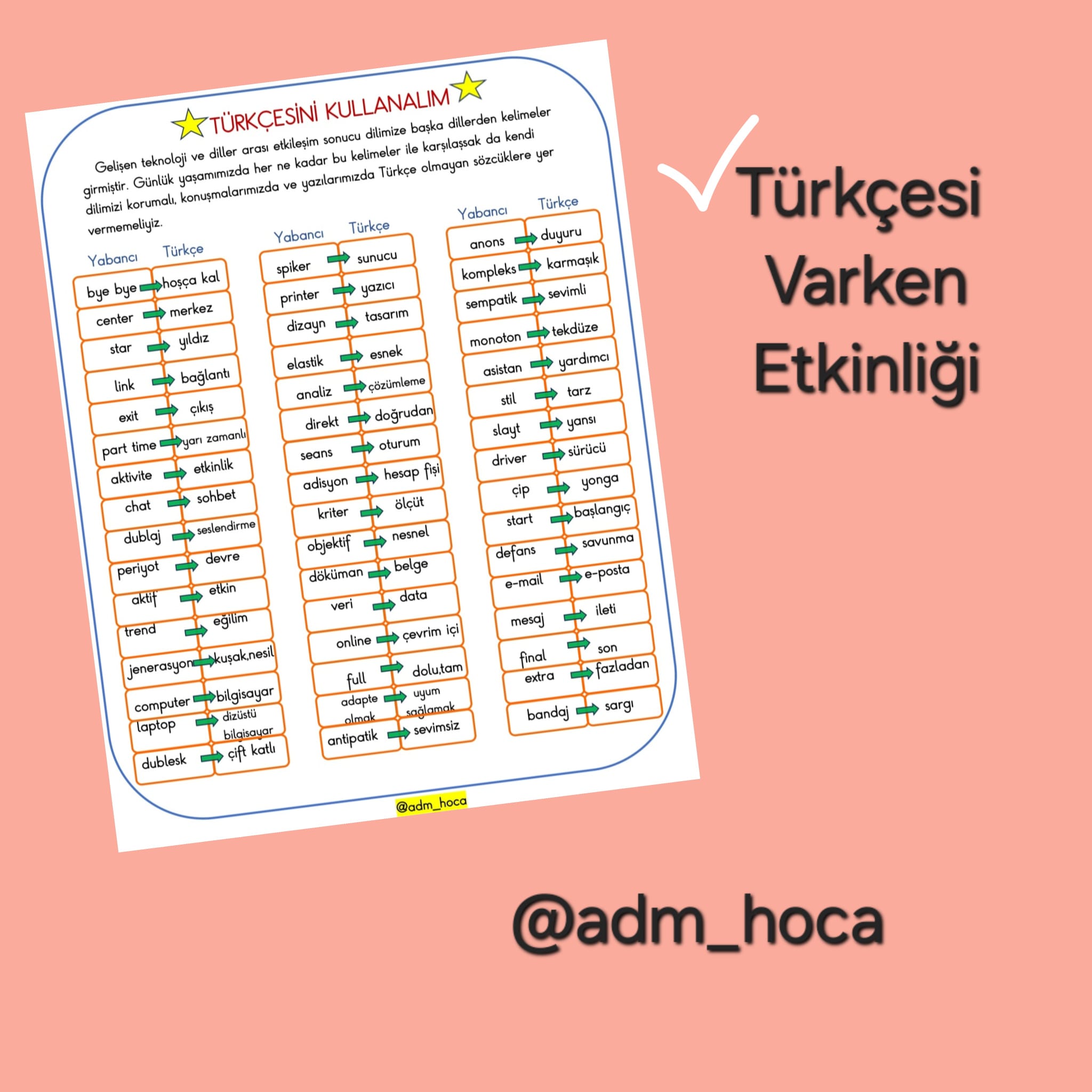4. Sınıf Türkçe Türkçesini Kullanalım Etkinliği