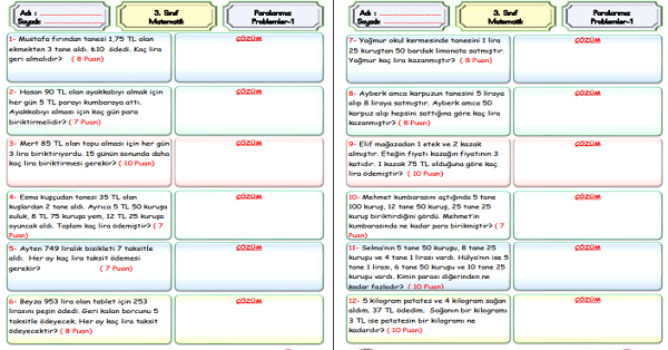 3. Sınıf Matematik Paralarımızla İlgili Problemler-1