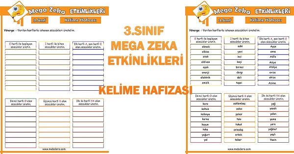 3. Sınıf Mega Zeka Etkinliği - Kelime Hafızası