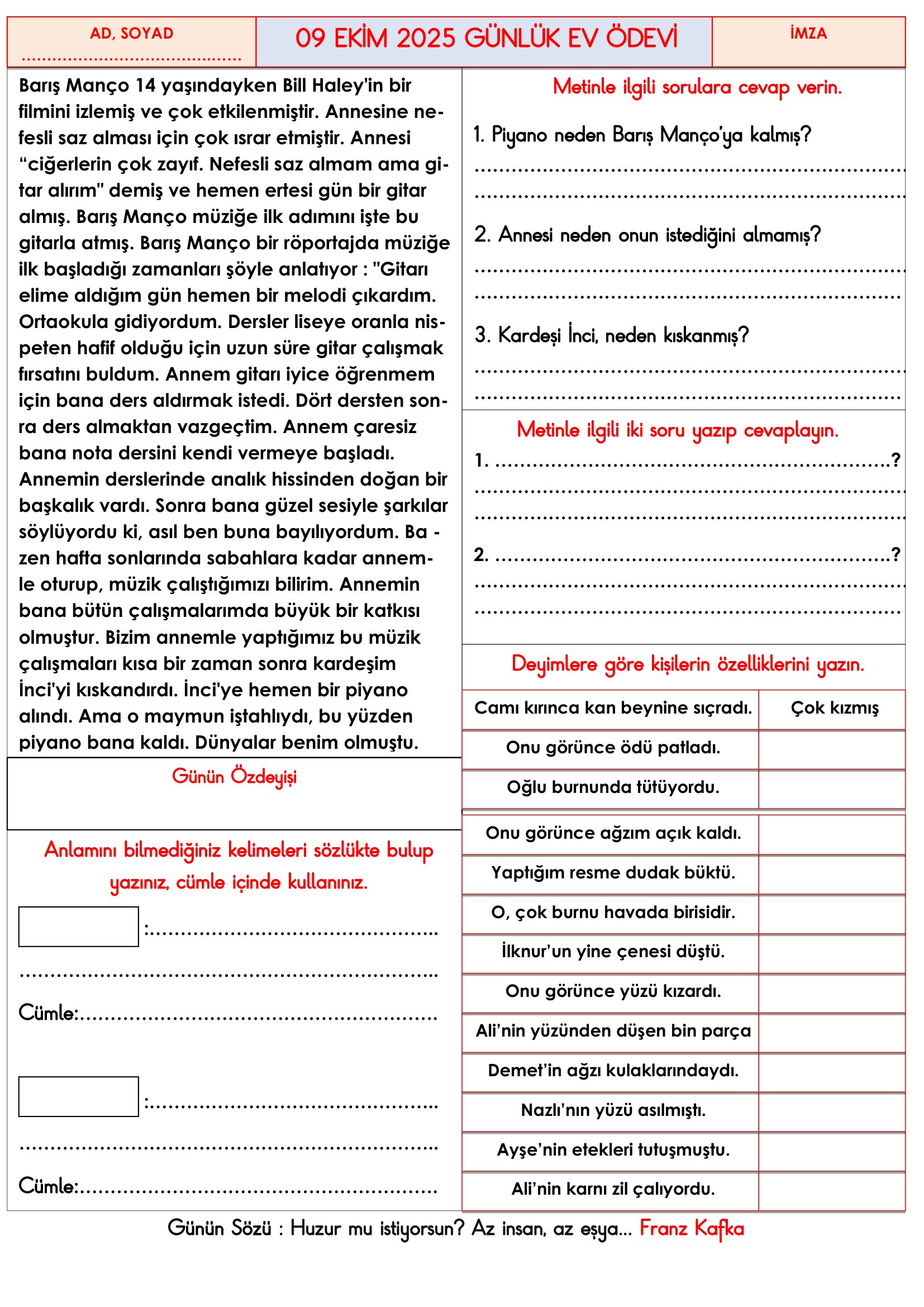 3.Sınıf - 09 Ekim 2026 Günlük Ev Ödevleri