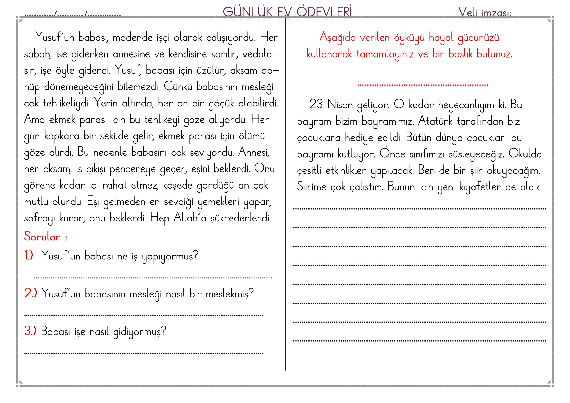 1. Sınıf - 24 Mart 2026 Günlük Ev Ödevleri