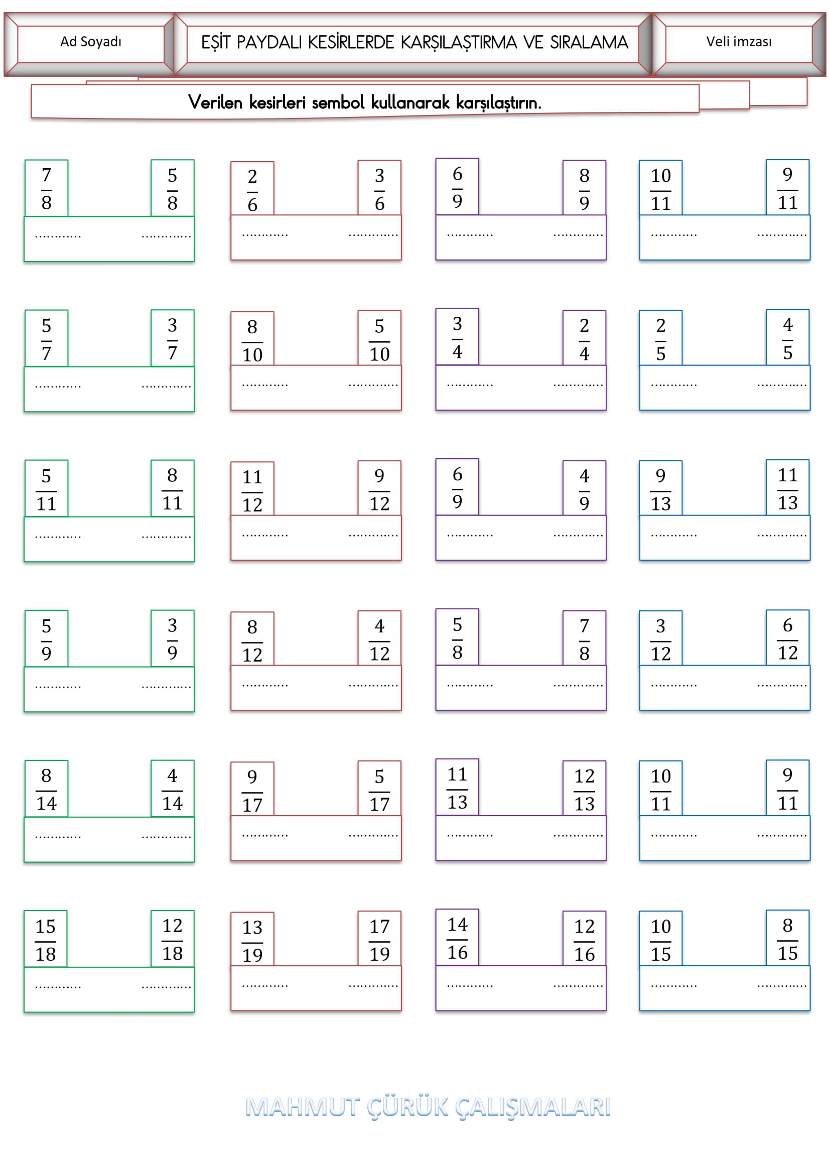 4. Sınıf - Matematik Eşit Paydalı Kesirleri Karşılaştırma ve Sıralama Etkinliği