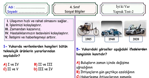 4. Sınıf Sosyal Bilgiler İyi ki Var Ünitesi Yaprak Test 2