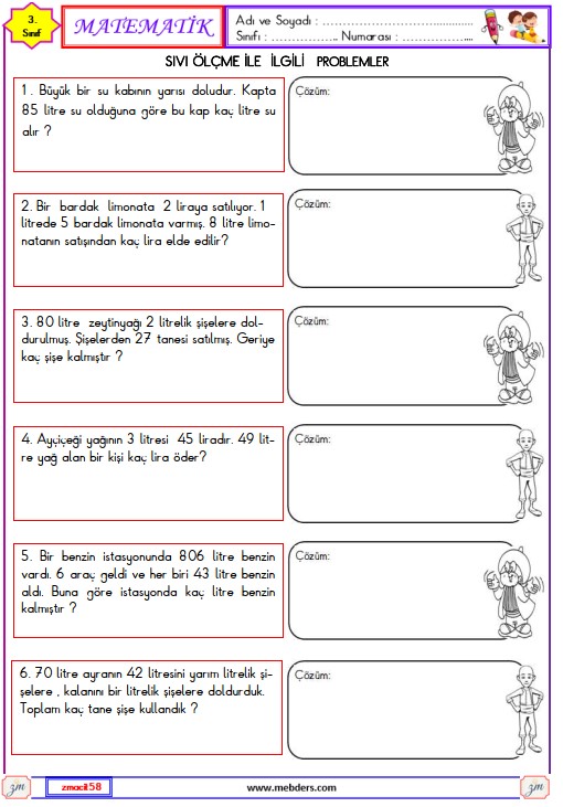 3. Sınıf Matematik Sıvı Ölçme ile İlgili Promlemler Etkinliği 3
