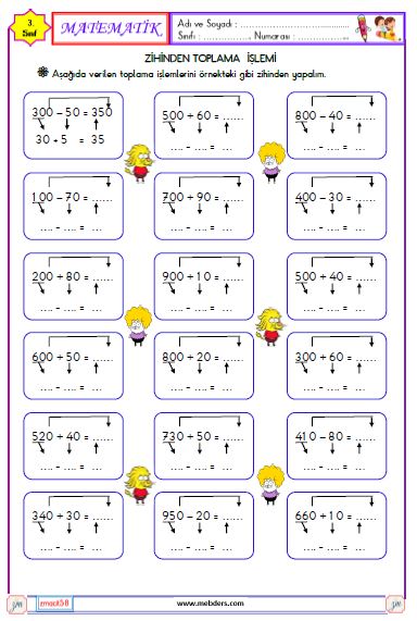 3. Sınıf Matematik Zihinden Toplama İşlemi Etkinliği 2