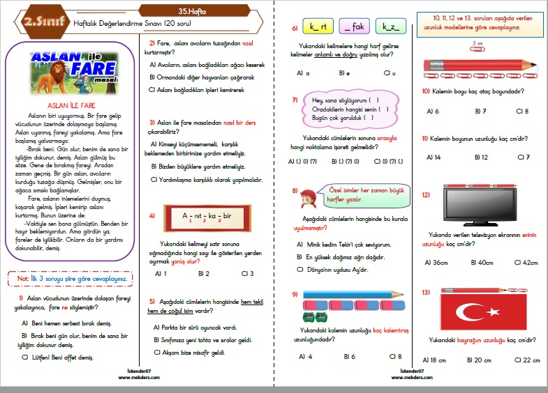 2. Sınıf Haftalık Değerlendirme Testi - 35.Hafta (05-09 Haziran)