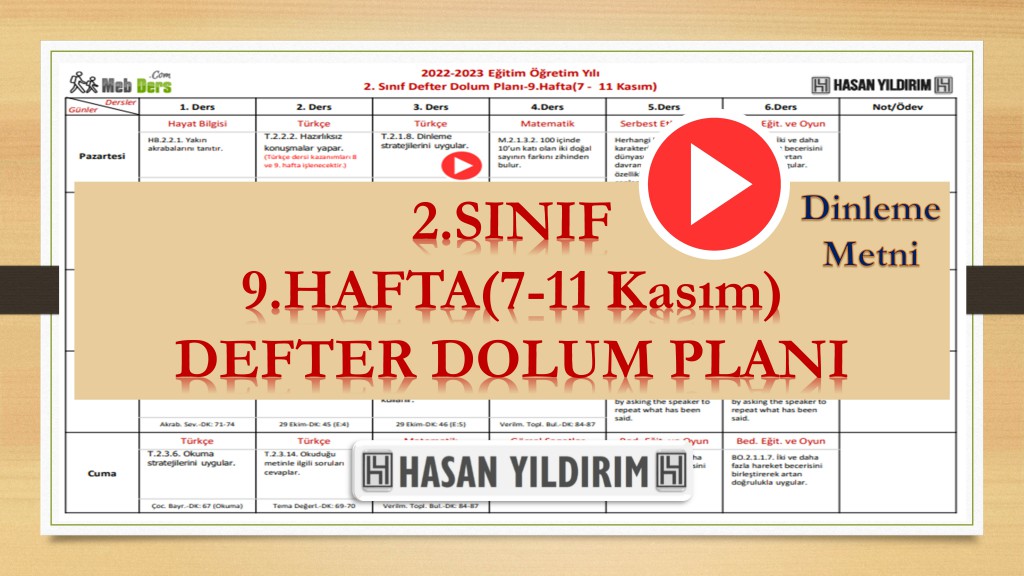 2022-2023 Eğitim Öğretim Yılı 2. Sınıf 9. Hafta (7-11 Kasım) Defter Dolum Planı
