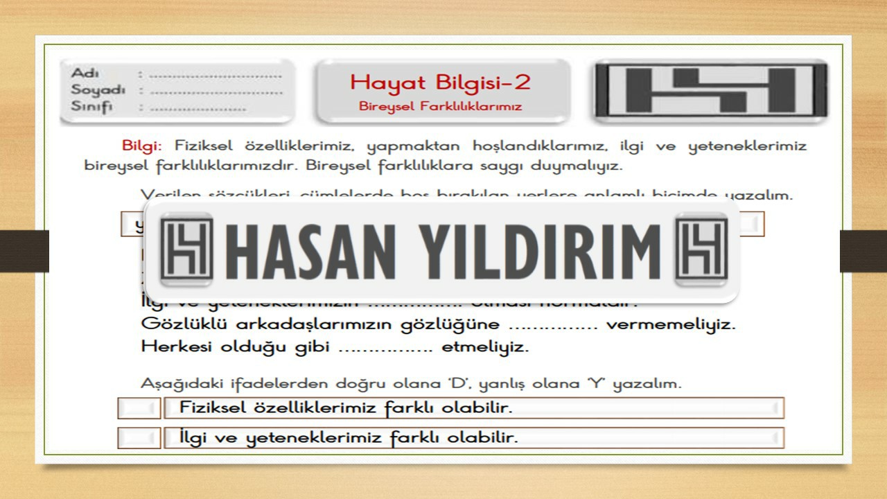 2. Sınıf Hayat Bilgisi Bireysel Farklılıklarımız Çalışma Sayfası