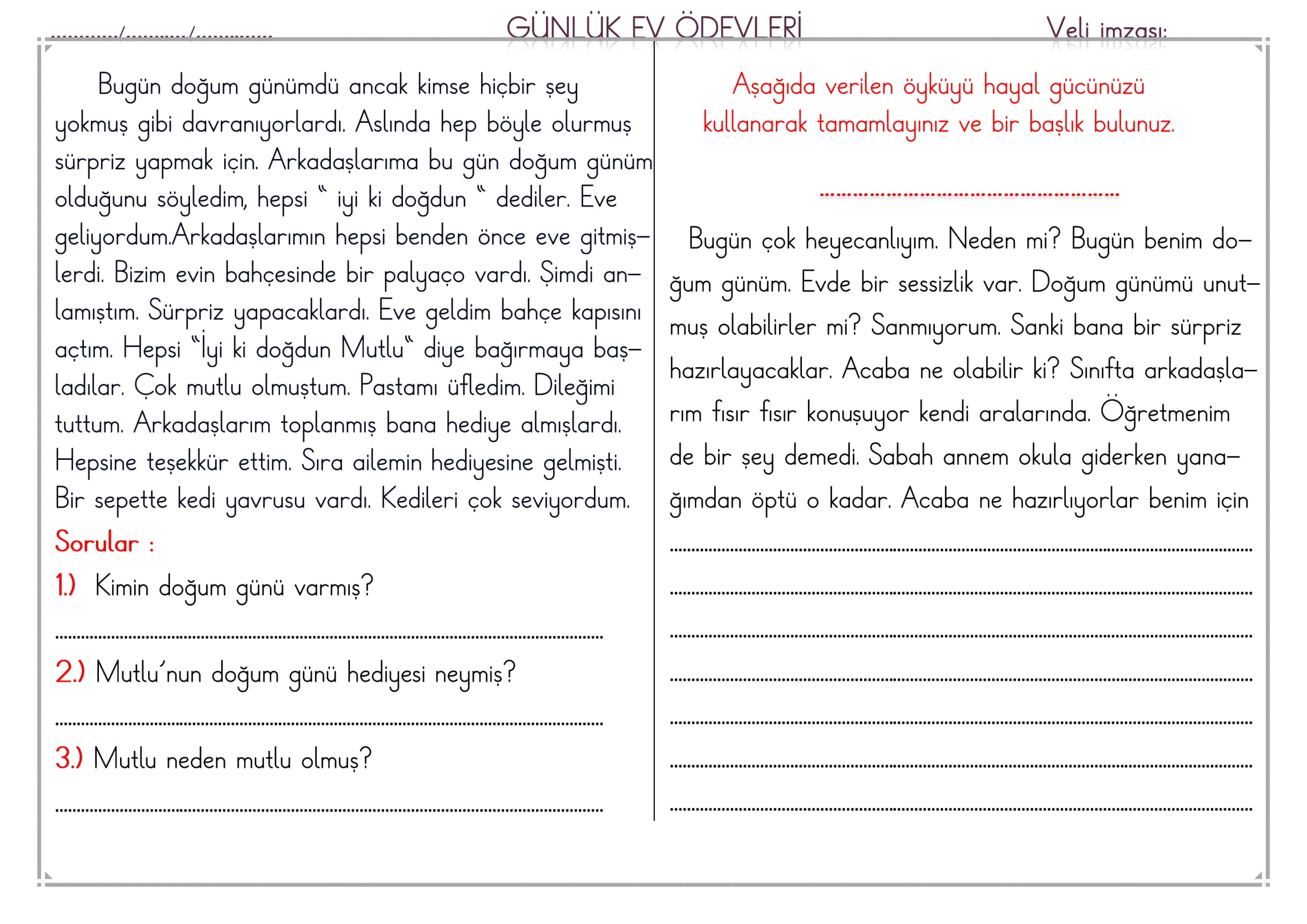 1. Sınıf 28 Şubat 2025 Günlük Ev Ödevi