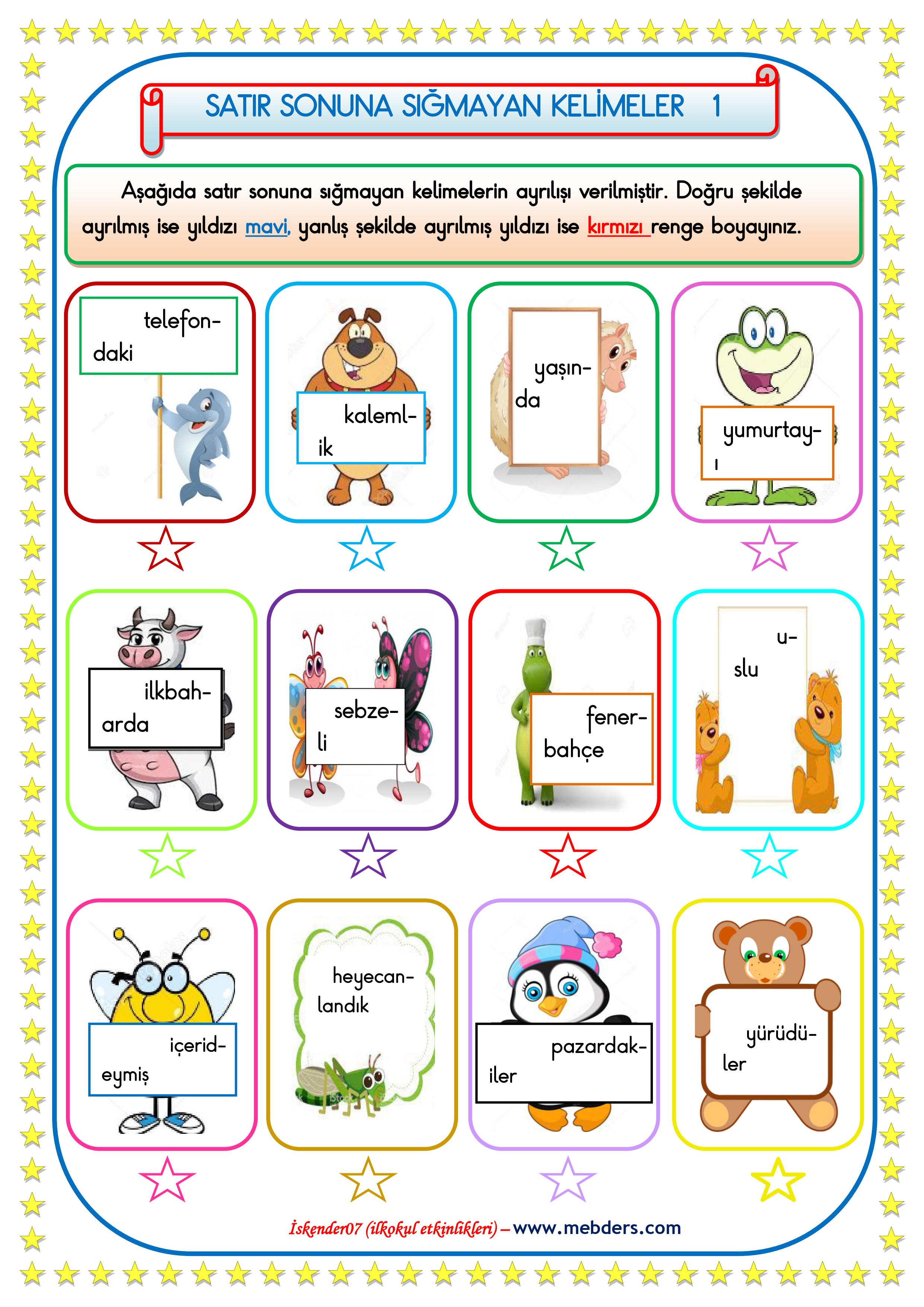 1. Sınıf Türkçe Satır Sonuna Sığmayan Kelimeler 1