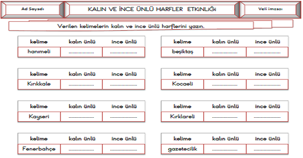 3. Sınıf Türkçe Kalın ve İnce Ünlü Harfler Etkinliği