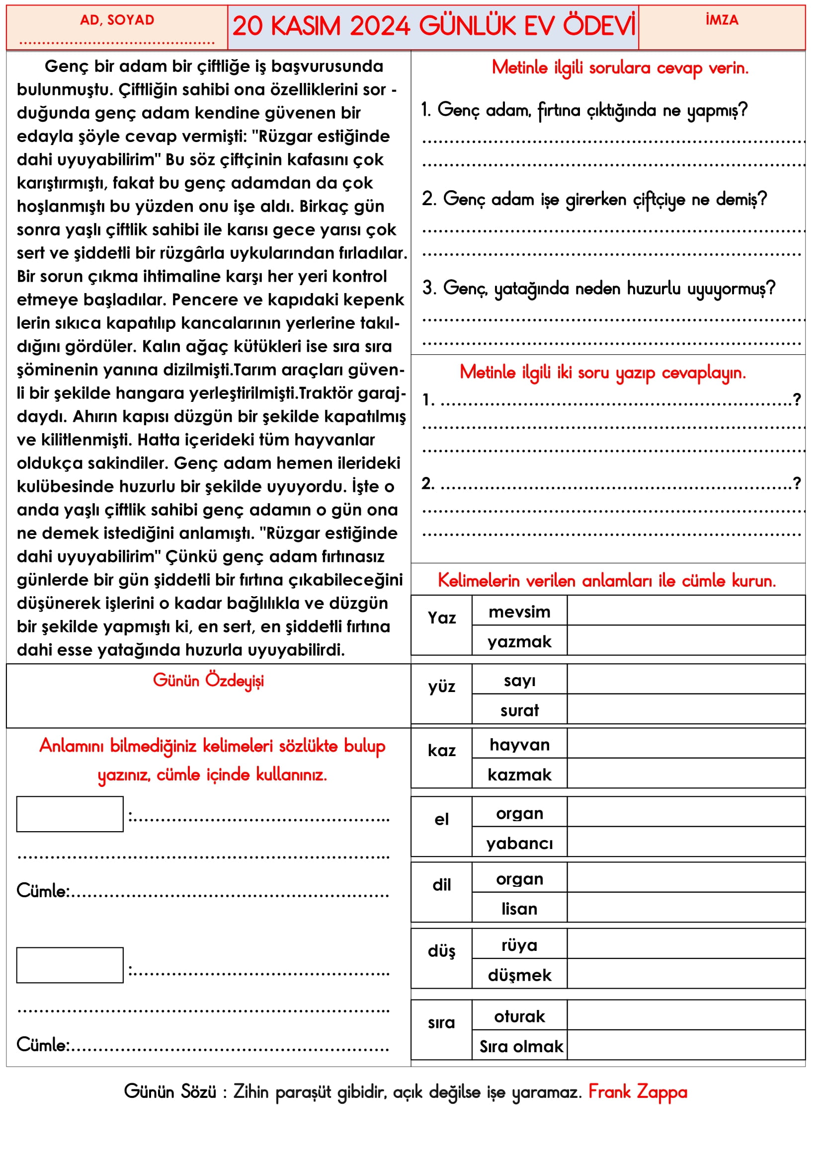 3. Sınıf 20 Kasım 2024 Günlük Ev Ödevi