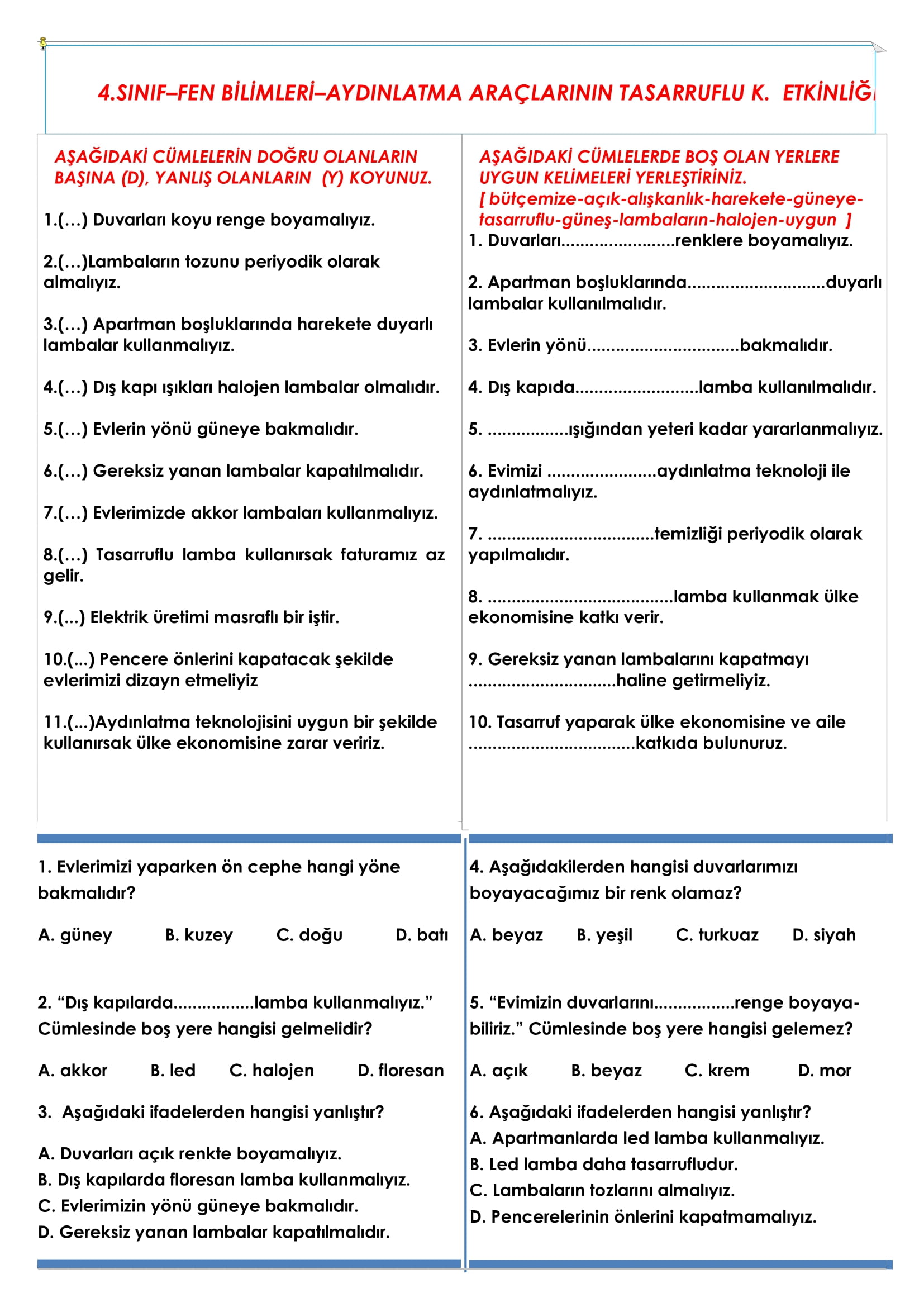4. Sınıf Fen Bilimleri Aydınlatma Araçlarının Tasarruflu Kullanılması Etkinliği