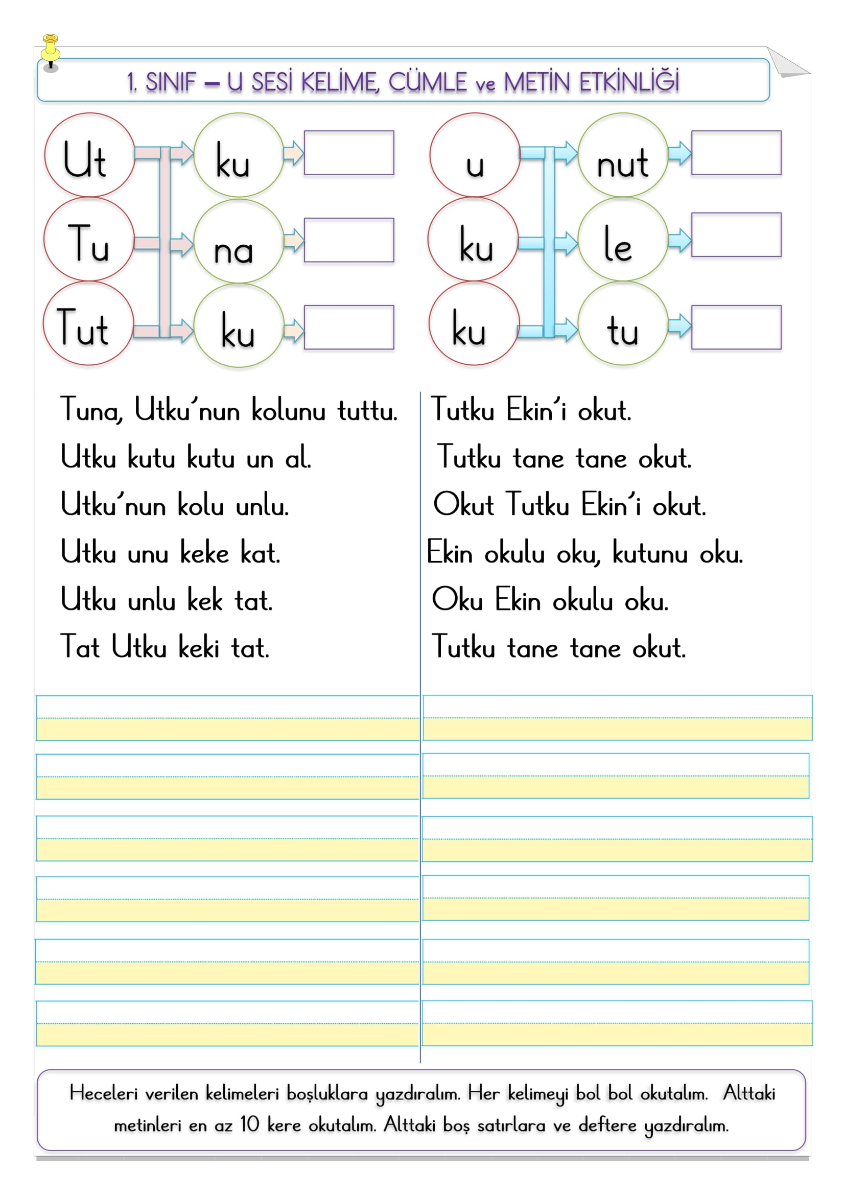 1. Sınıf İlk Okuma Yazma U sesi kelime, cümle ve metin etkinliği