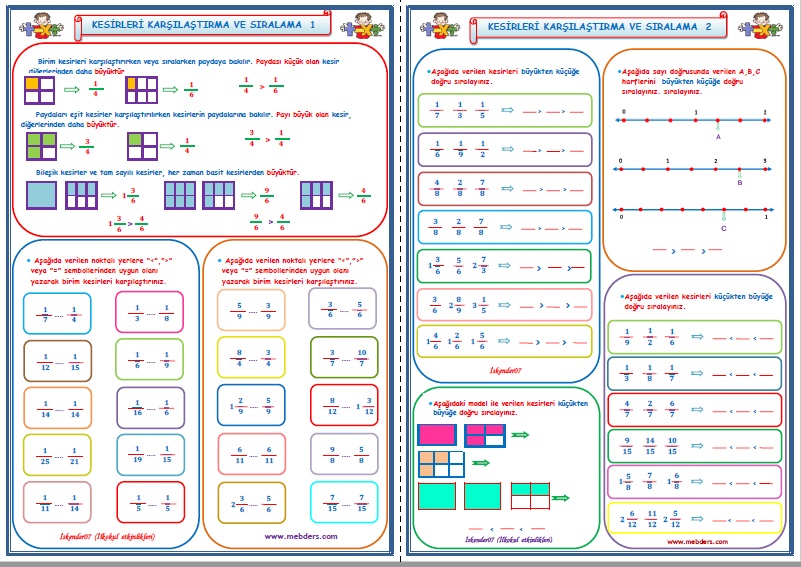 4. Sınıf Matematik Kesirleri Karşılaştırma ve Sıralama 1-2 (2 Sayfa)