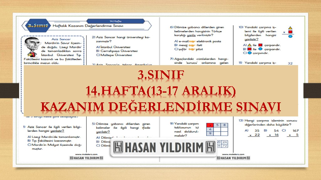 3. Sınıf Haftalık Değerlendirme Testi-14.Hafta(13-17 Aralık)