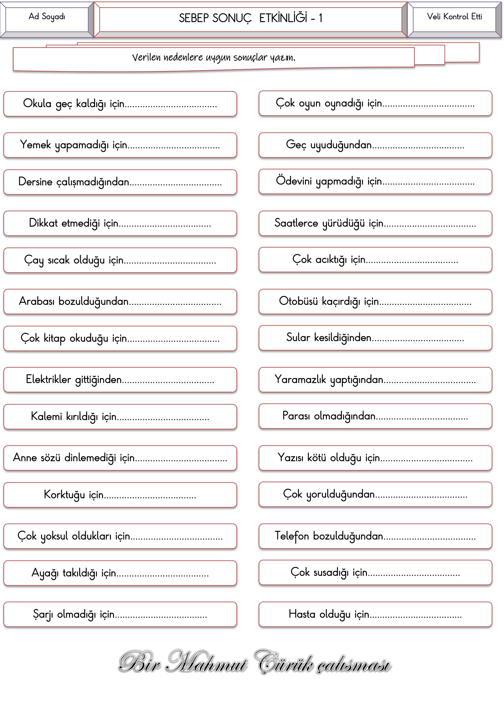 4. Sınıf Türkçe - Sebep Sonuç Etkinliği
