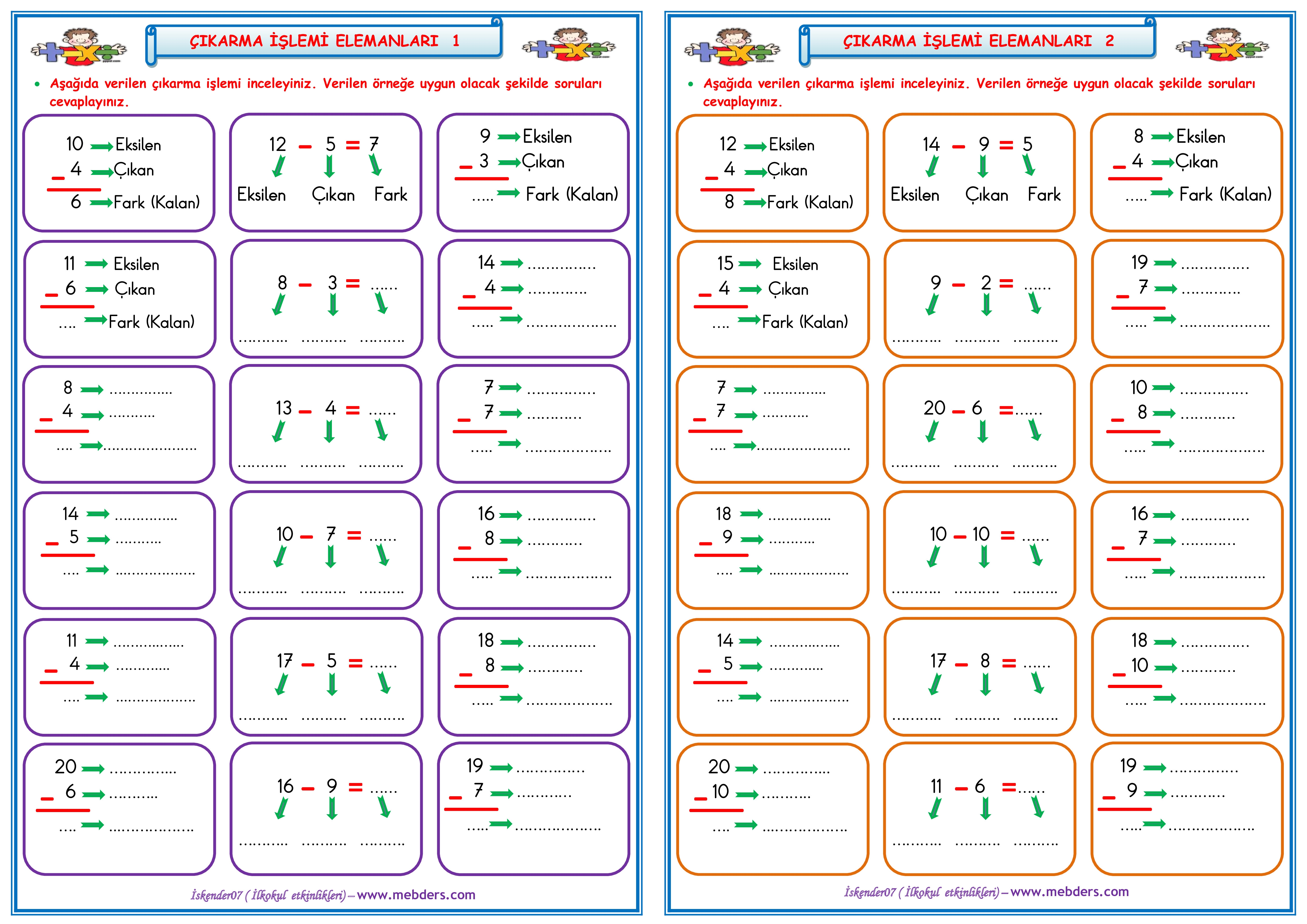 1. Sınıf Matematik Çıkarma İşlemi Elemanları 1-2 (2 Sayfa)