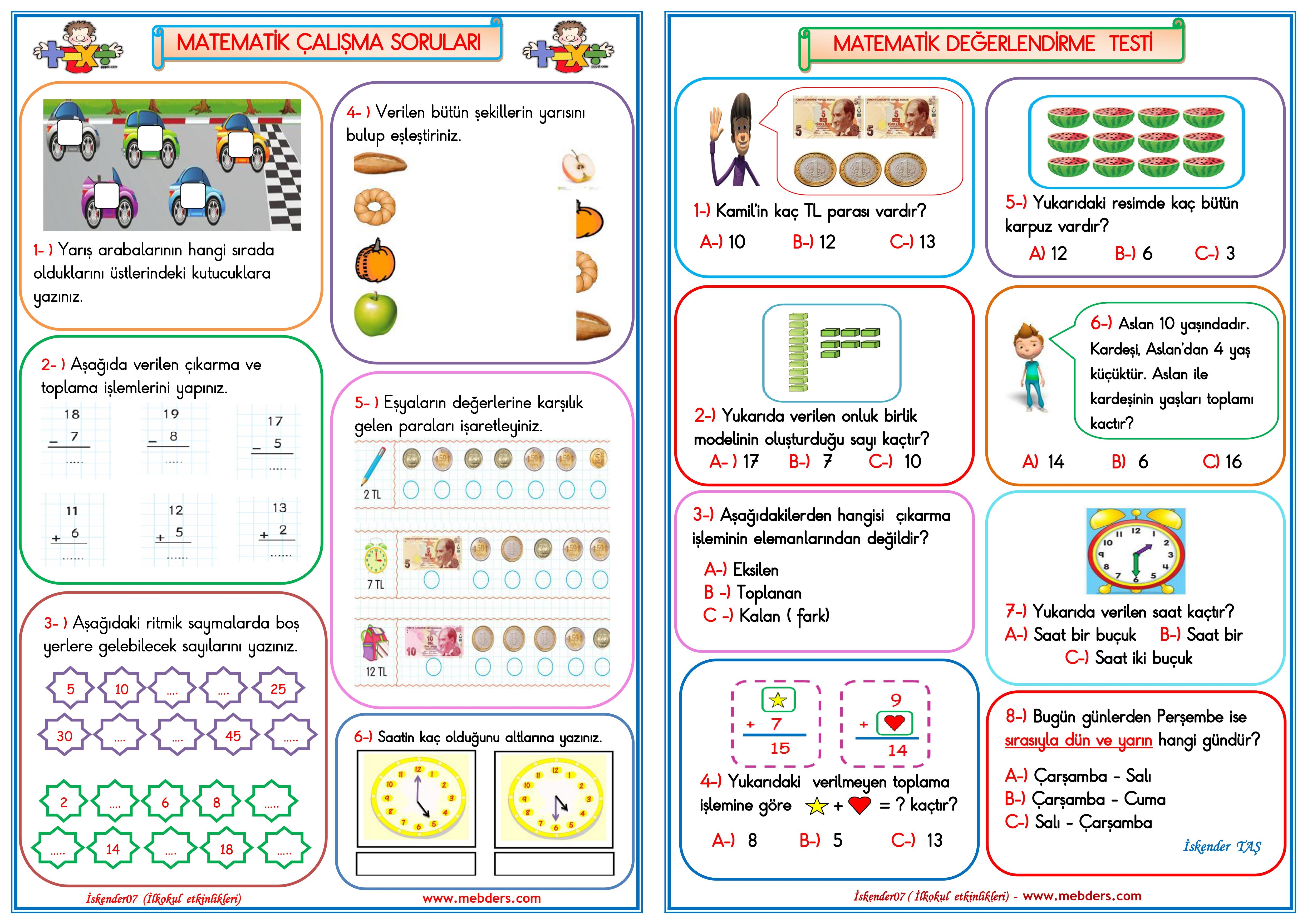 1. Sınıf Matematik Dersi Genel Değerlendirme Çalışması 1