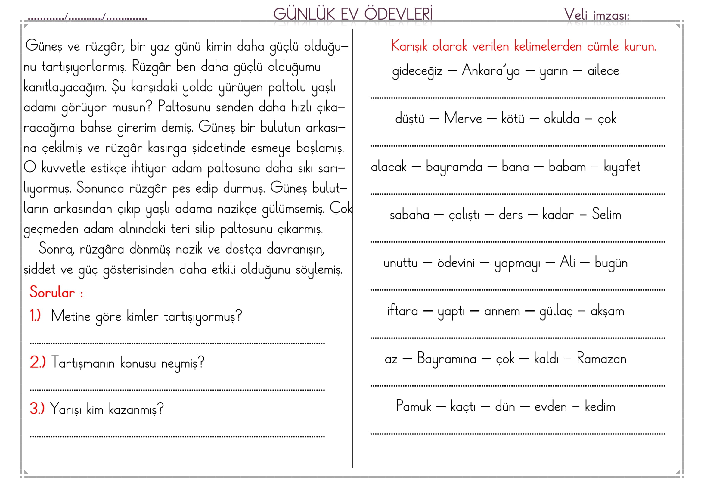 1. Sınıf 26 Mart 2025 Günlük Ev Ödevi