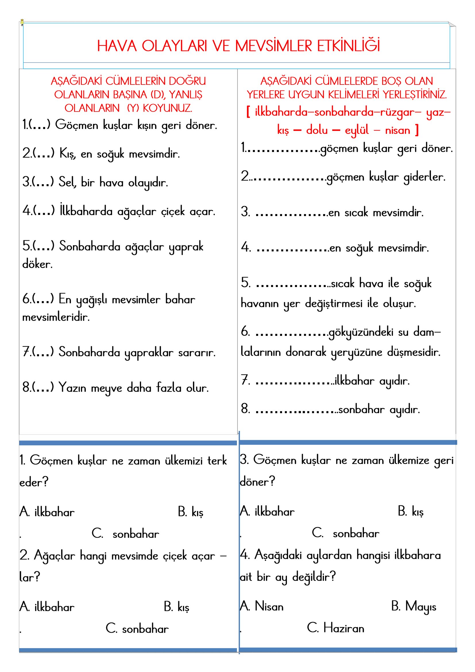 2. Sınıf - Hayat Bilgisi Hava Olayları ve Mevsimler Etkinliği