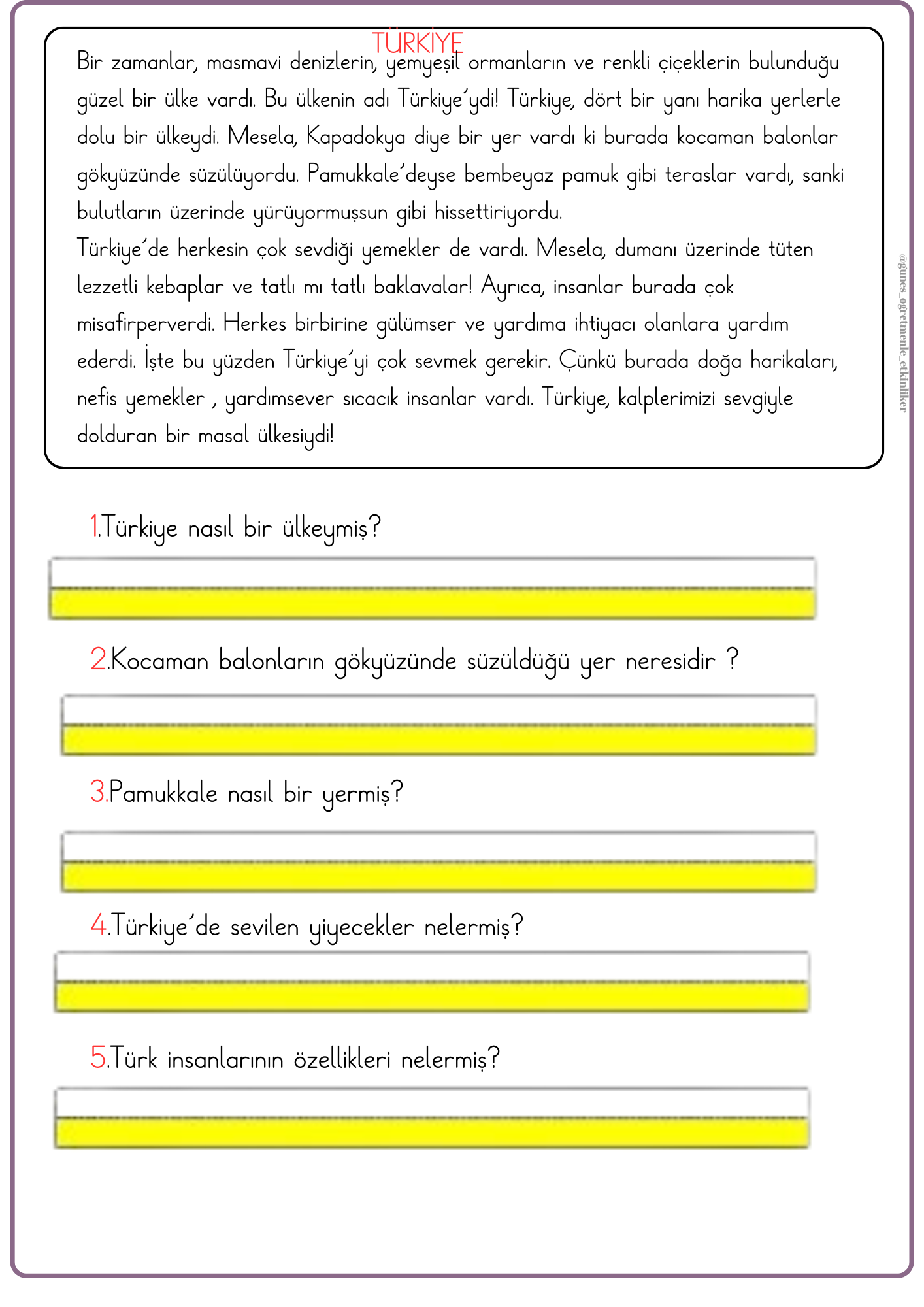 1. Sınıf Okuma-Anlama Türkiye Metni