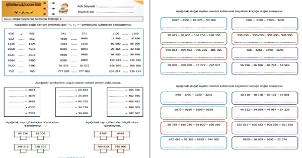4. Sınıf Matematik Doğal Sayılarda Sıralama Etkinliği 2