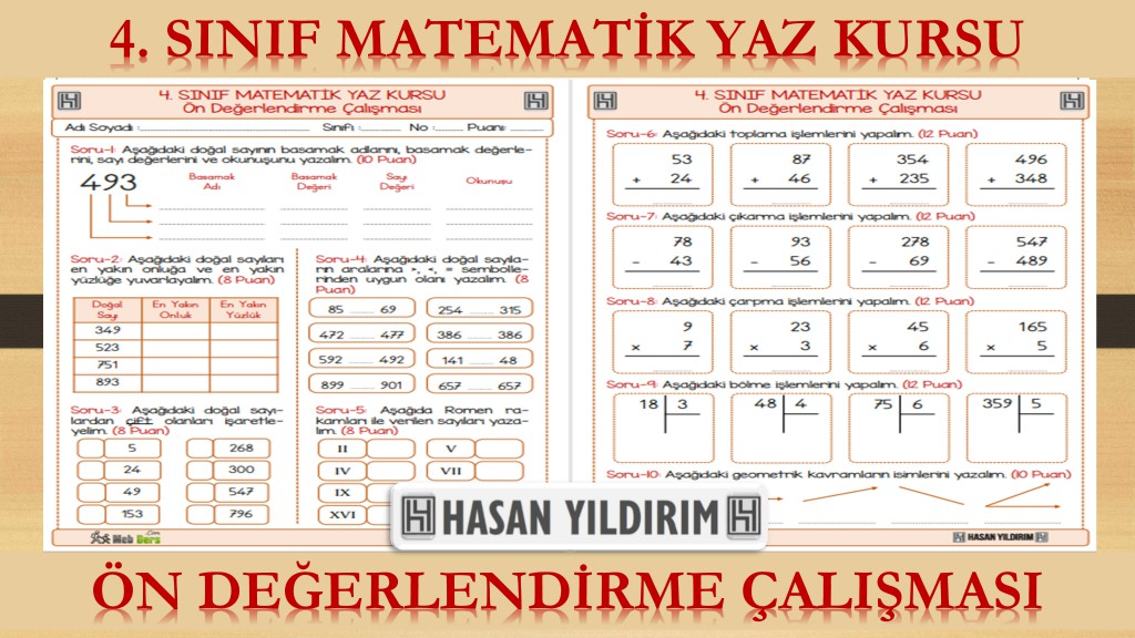 4. Sınıf Matematik Yaz Kursu - Ön Değerlendirme Çalışması