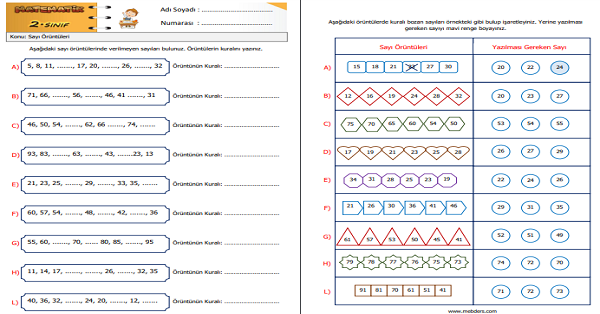 2. Sınıf Matematik Sayılarla Örüntü Oluşturalım Etkinliği 2