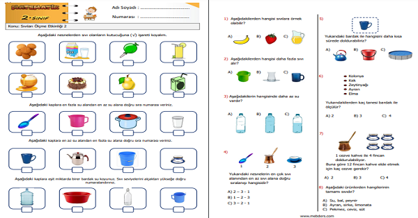 2. Sınıf Matematik Sıvıları Ölçme Etkinliği 2