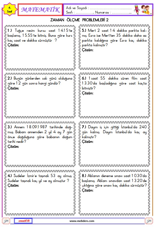 4. Sınıf Matematik Zaman Ölçme Problemleri Etkinliği 2