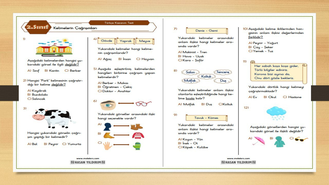 2. Sınıf Türkçe Kelimelerin Çağrışımları Testi