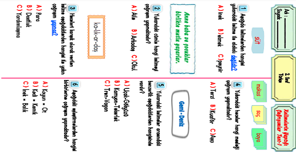 2. Sınıf Türkçe Kelimelerin Yaptığı Çağrışımlar Test