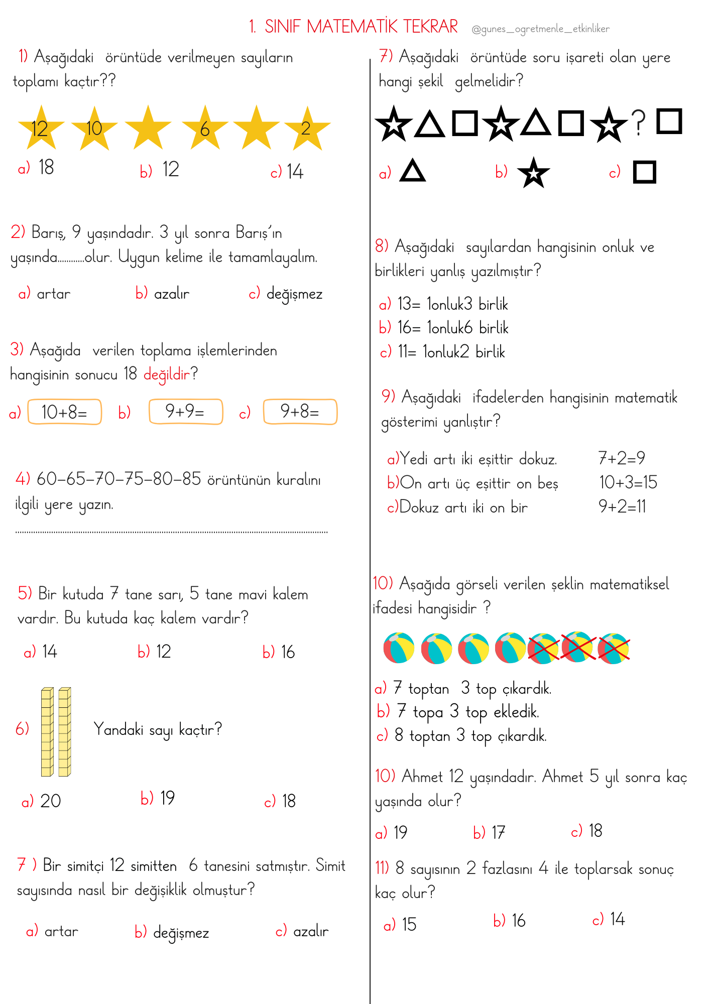 1. Sınıf Matematik Tekrar Test