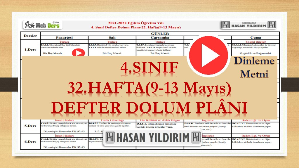 4. Sınıf 32.Hafta(9-13 Mayıs) Defter Dolum Planı