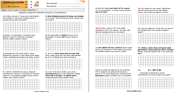 4. Sınıf Matematik Çarpma İşlemi İle İlgili Problemler 5