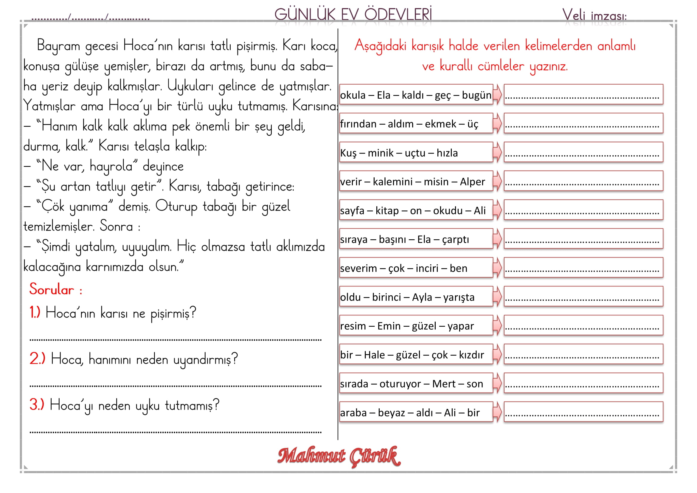1. Sınıf 13 Mayıs 2025 Günlük Ev Ödevi