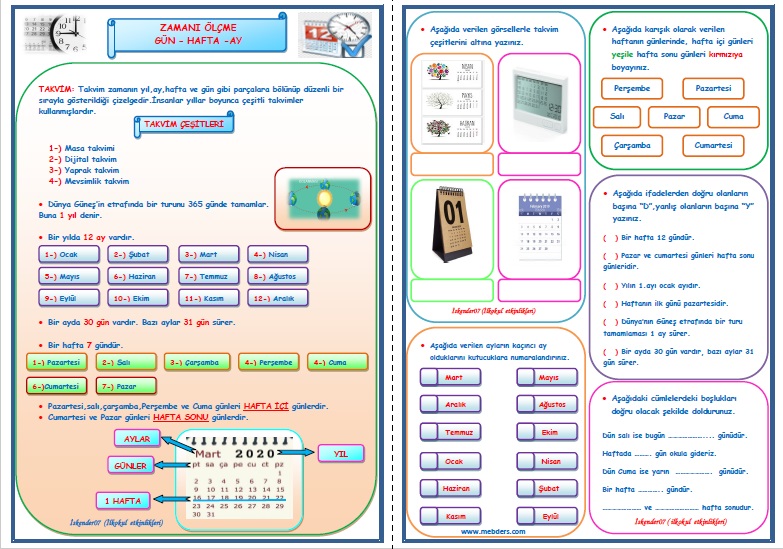 1. Sınıf Matematik Zamanı Ölçme Gün-Hafta-Ay Konu Anlatımı Etkinlik Çalışması (3 Sayfa)