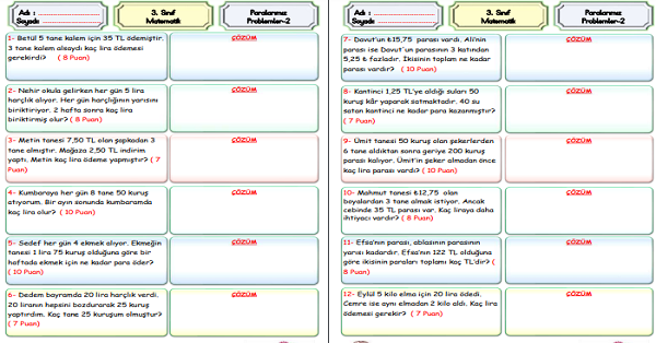 3. Sınıf Matematik Paralarımızla İlgili Problemler-2