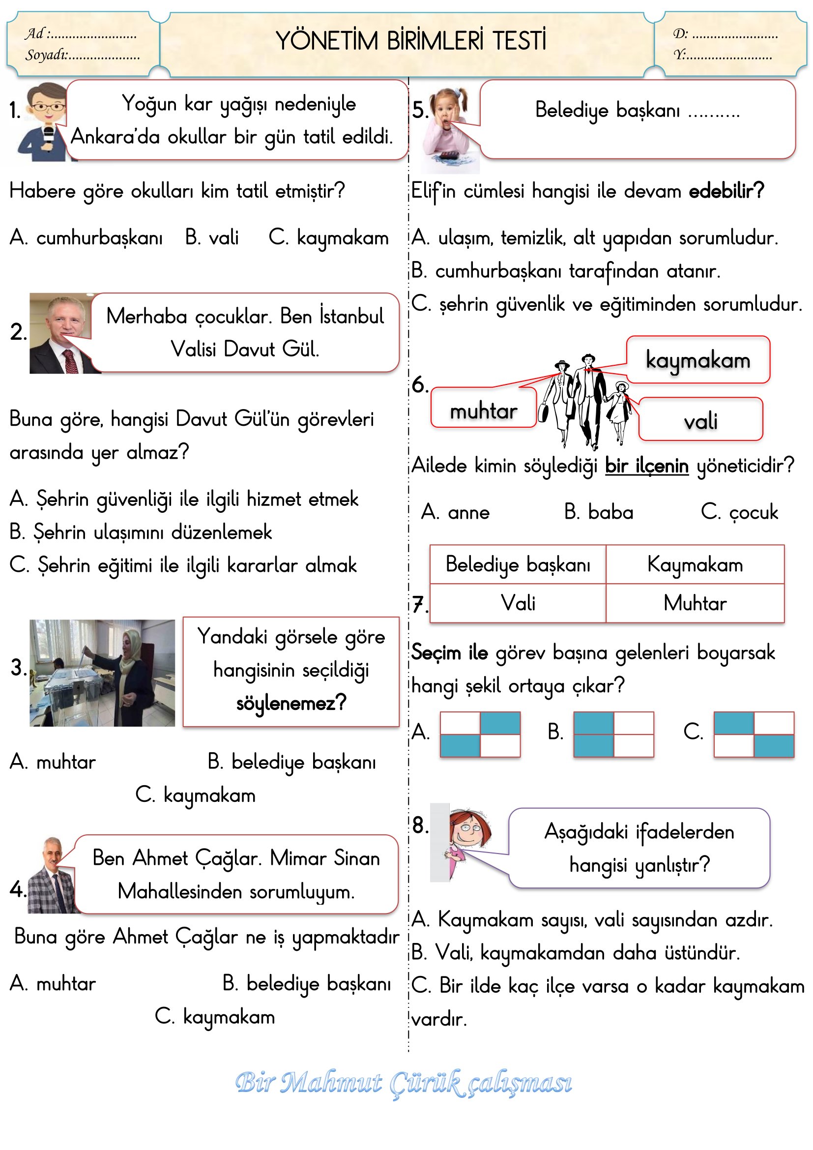 2. Sınıf Hayat Bilgisi Yönetim Birimleri Testi