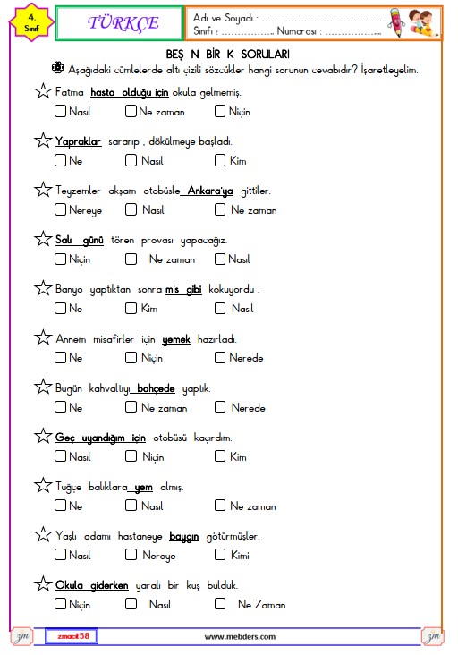 4. Sınıf Türkçe Beş N Bir K Soruları Etkinliği 3