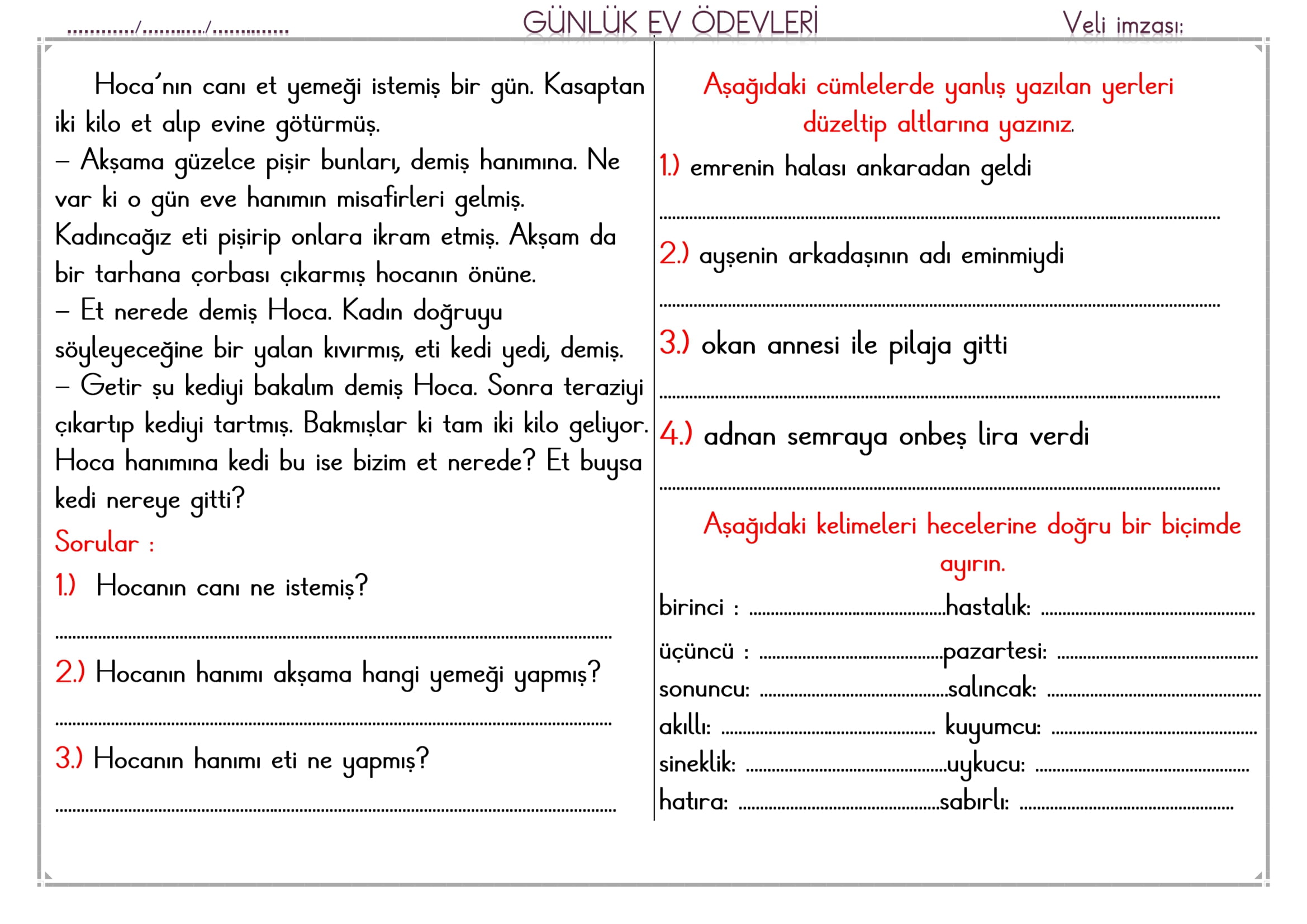 1. Sınıf 07 Şubat 2025 Günlük Ev Ödevi