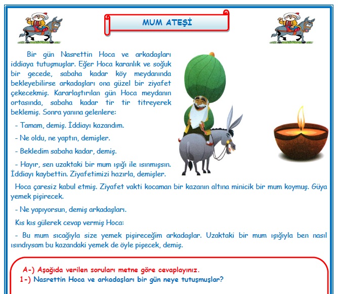 2. Sınıf Türkçe Nasrettin Hoca Mum Ateşi Okuma Anlama Metin Çalışması