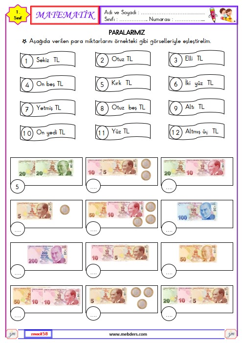 1. Sınıf Matematik Paralarımız Etkinliği 7