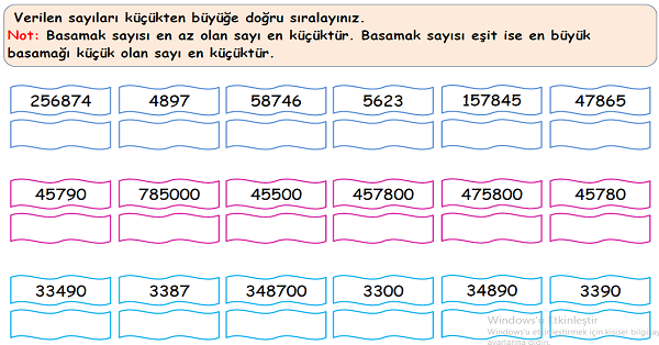 4. Sınıf Matematik Doğal Sayıları Sıralama Etkinliği 2