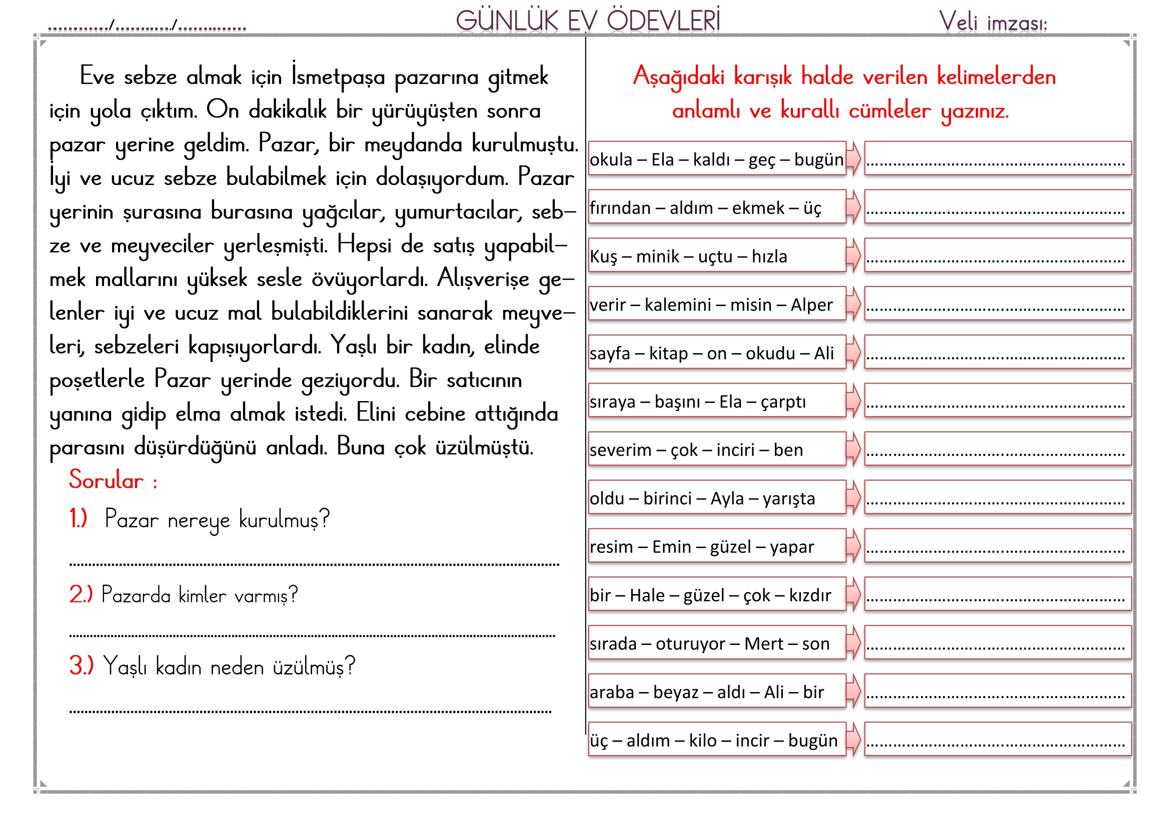 1. Sınıf - 12 Şubat 2026 Günlük Ev Ödevleri